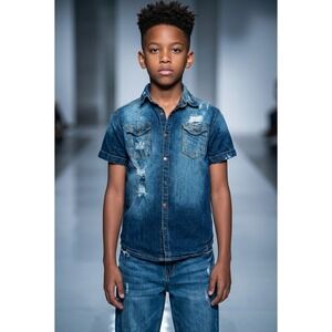 Evolution In Design Boys Distressed Denim Shirt Short Sleeve M 10-12 Grunge Y2K